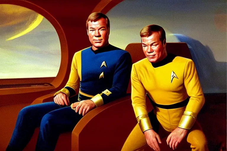 Image similar to young captain kirk ( william shatner ), the handsome captain from star trek, in his gold uniform, sitting in the captain ’ s chair on the bridge of the starship enterprise. he looks smug. oil painting in the style of edward hopper and ilya repin gaston bussiere, craig mullins. warm colors. detailed and hyperrealistic.