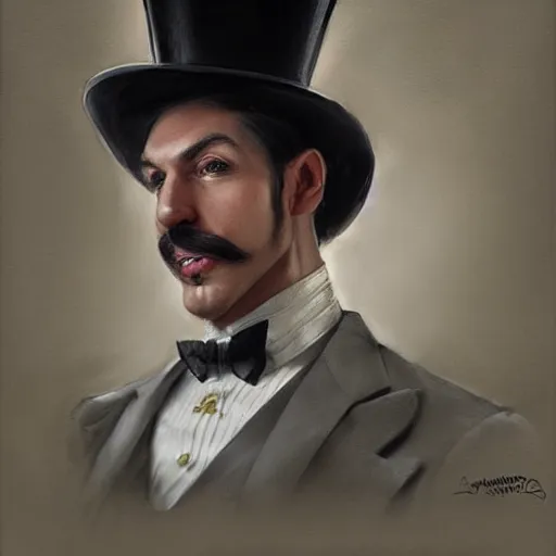 Image similar to hyper realistic dapper fancy luigi wearing a top hat, smirking deviously, painted by greg rutkowski, wlop, artgerm