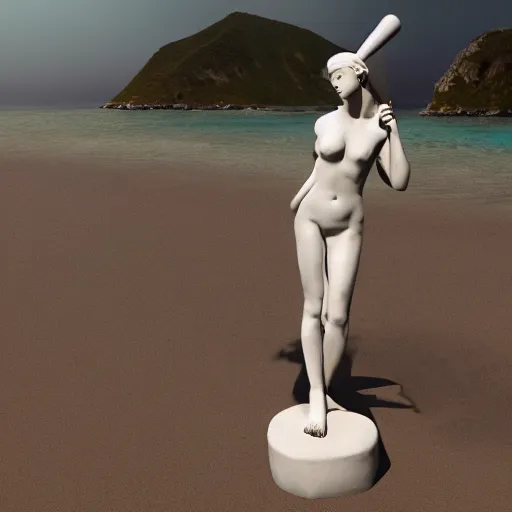 Image similar to digital art, trending on artstation, cycladic statue of a woman playing baseball, on a caribbean beach, a pirate ship in the background