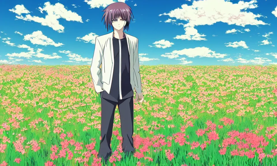 Image similar to a delorean standing in a flower field, anime style