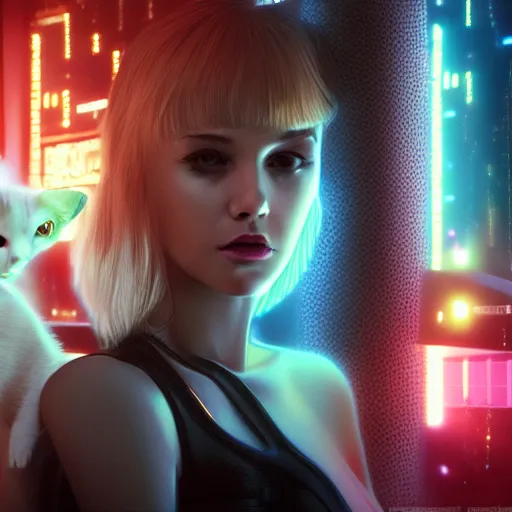 Prompt: beautiful cybergirl playing with a white cute cat in the neon room photorealistic, blade runner movie, digital art, highly detailed