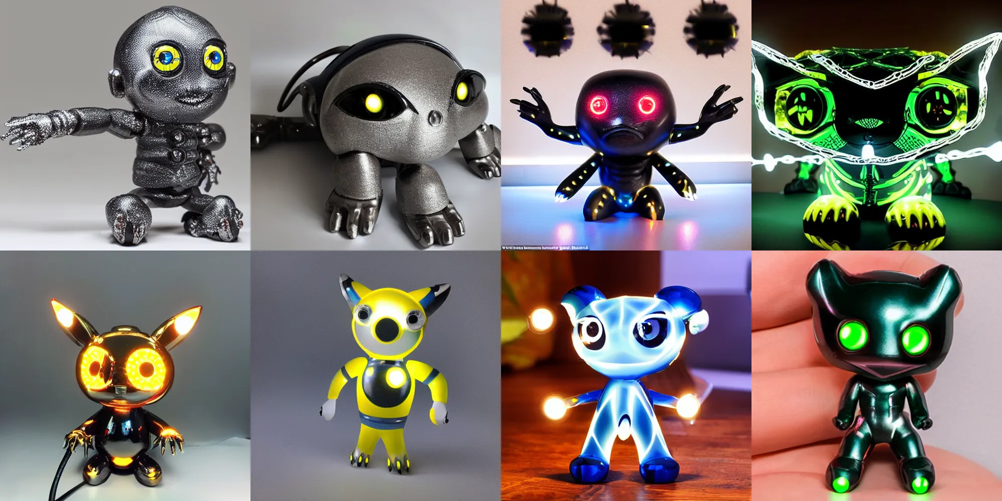 Prompt: a highly detailed vinyl figure with lighting bolts coming out of its eyes, electric eyes, sparking eyes, realistic lighting, realistic reflections