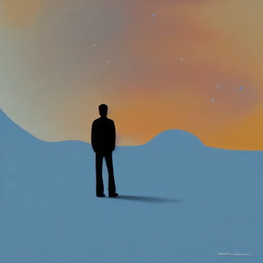 Prompt: a lonely man standing on a deserted planet, glow, acrylic art, painting, canvas, gloomy, digital art,