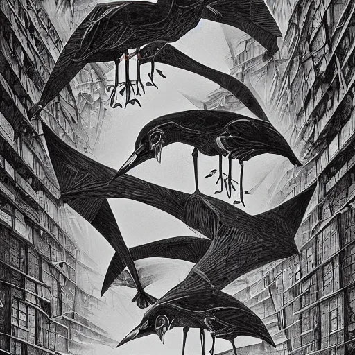 Image similar to crows at a architectural complex with an occult witch by Android Jones and M. C. Escher collaboration, futurist, digital art, dramatic lighting, symbolic