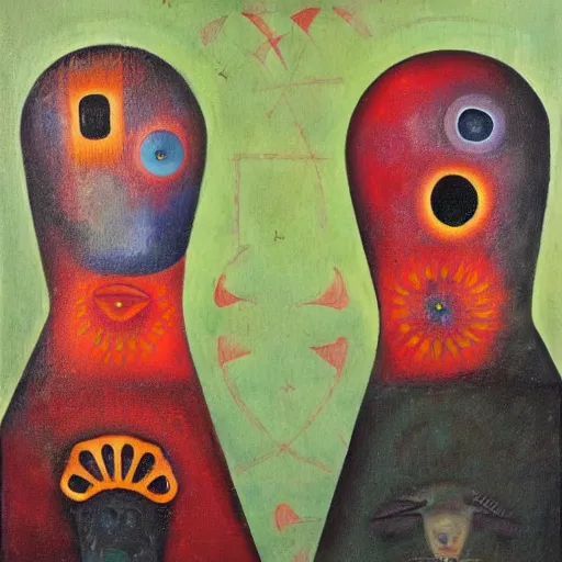 Image similar to Oil painting by Rufino Tamayo. Two mechanical gods with animal faces having a conversation. Oil painting by Lisa Yuskavage.