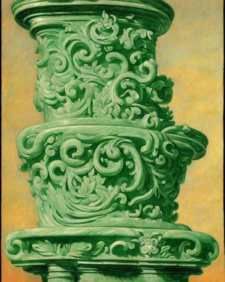 Image similar to achingly beautiful painting of intricate ancient roman corinthian capital on jade background by rene magritte, monet, and turner. giovanni battista piranesi.