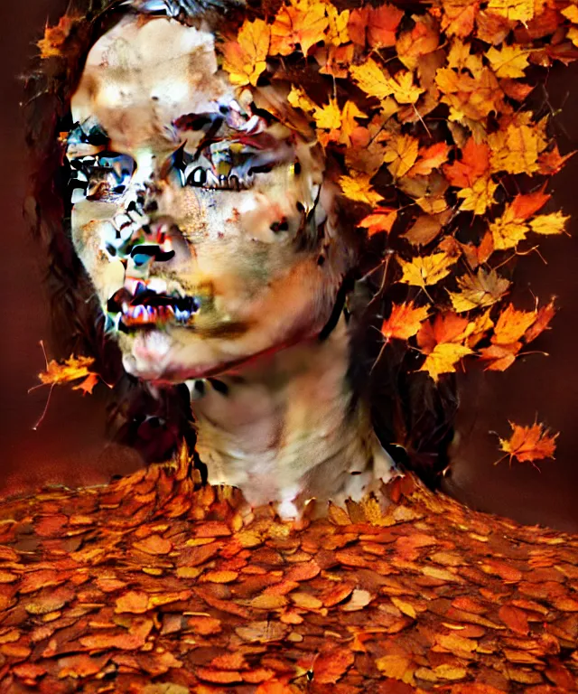 Prompt: a striking!! detailed! portrait of a woman with hazel eyes, shards of the afternoon falling down like broken stained glass, autumn leaves, hyperrealistic art nouveau, neural pointillism, earth tones, octane, 8 k