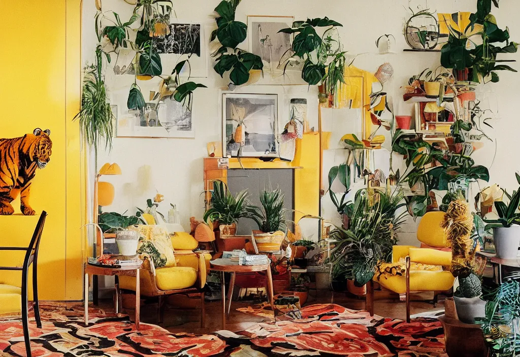 Image similar to 1970s interior magazine photo of two yellow armchairs with a lava lamp next to it, at dusk, with a tiger on the couch, wooden walls with framed art, and a potted cactus and some hanging plants, with dappled light