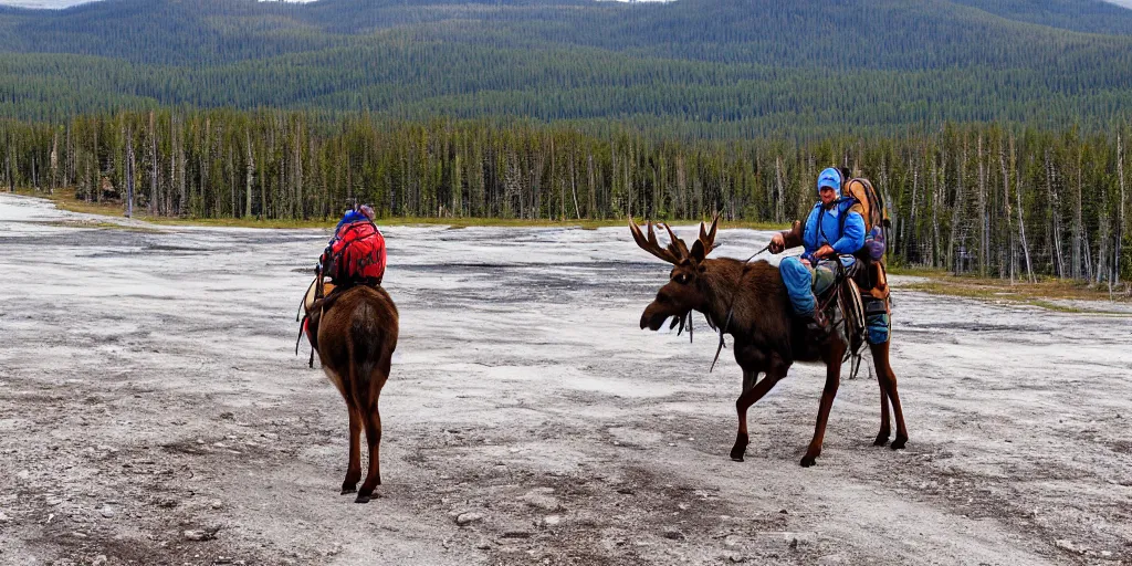 Image similar to hiker riding moose in yellowstone with prismatic spring in background