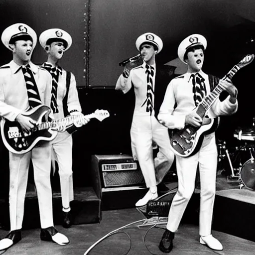 Image similar to 1 9 6 0 s photograph of a group of 4 white males performing rock music live on tv, dressed in peppermint themed sailor outfits with wide brim hats, tv studio