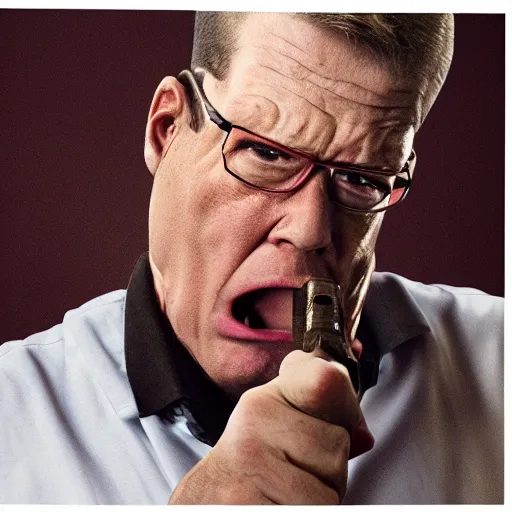 Image similar to angry hank hill with shotgun, extreme detail, studio light, photorealistic, live action, movie still, cinematic, bruised face, soft focus, well edited, 8 k, atmospheric, cigar,