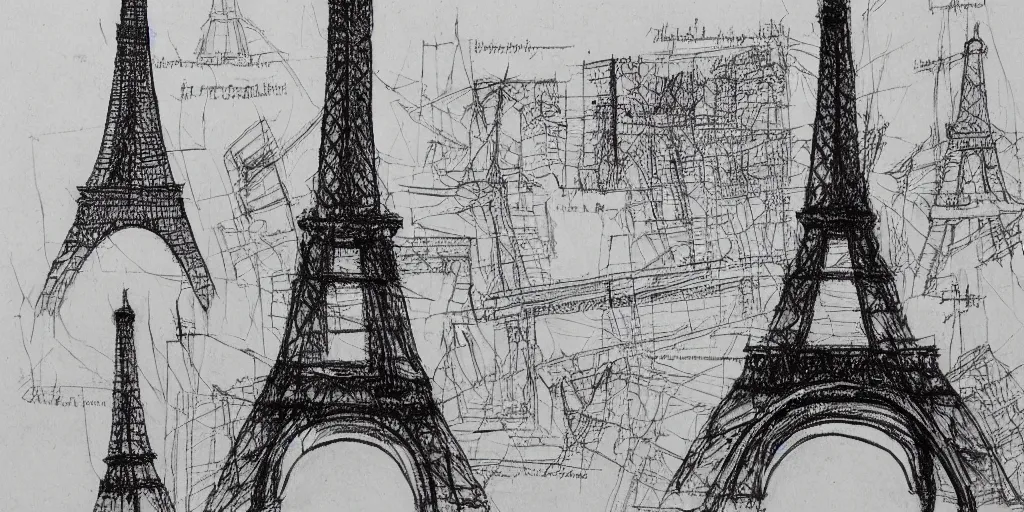 Image similar to architectural design studies of Eiffel Tower, different closeup view, drawn by Leonardo da vinci, ink and pen draw, artistic, intricated