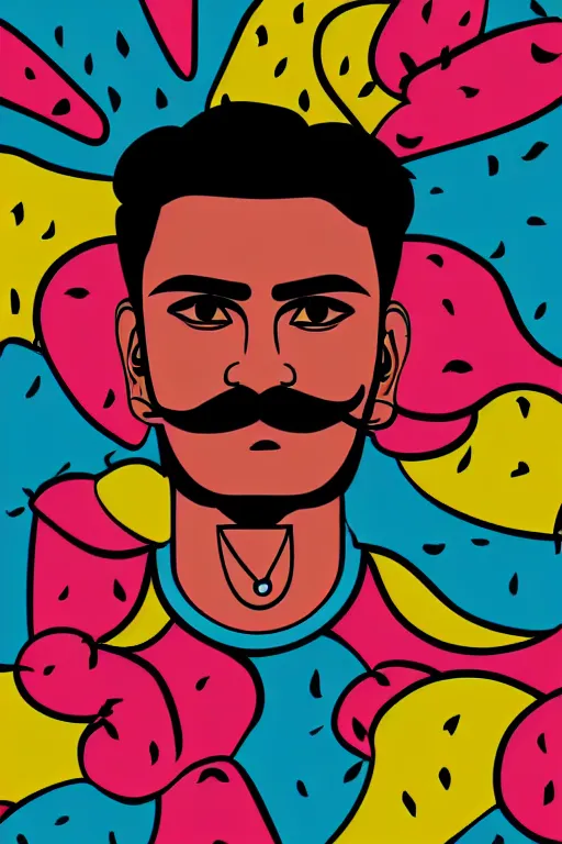 Image similar to portrait of an indian man with moustache, art by butcher billy, sticker, colorful, illustration, highly detailed, simple, smooth and clean vector curves, no jagged lines, vector art, smooth