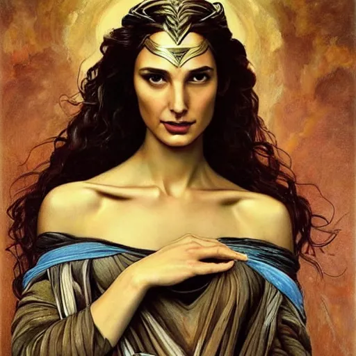 Image similar to Full body oil painting of the beautiful goddess Gal Gadot as Persephone, she is wearing roman clothes and a surreal jewelry, her hair is natural disheveled, she is approaching heaven over the clouds, naturalism, dramatic lighting, high-detailed oil painting by Ilya Repin, Michelangelo da Caravaggio, William Blake, Alex Grey and Beksinski, trending on Artsation, hystorical painting, naturalism, masterpiece, 4k, 8k,