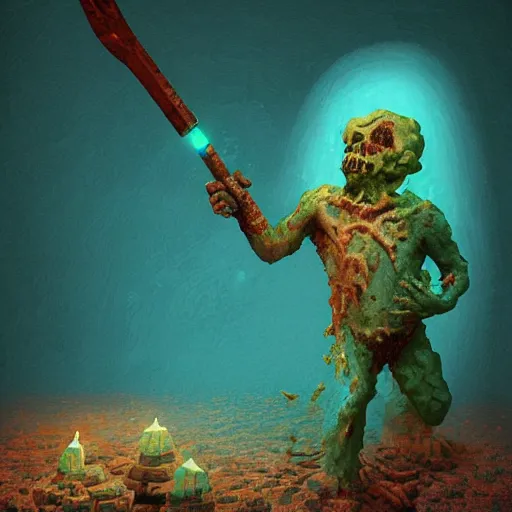 Image similar to voxel painting by greg rutkowski of a drowned zombie holding a trident with glowing cyan eyes, wearing ragged clothing, holding a trident, underwater, pastel green and blue color palette