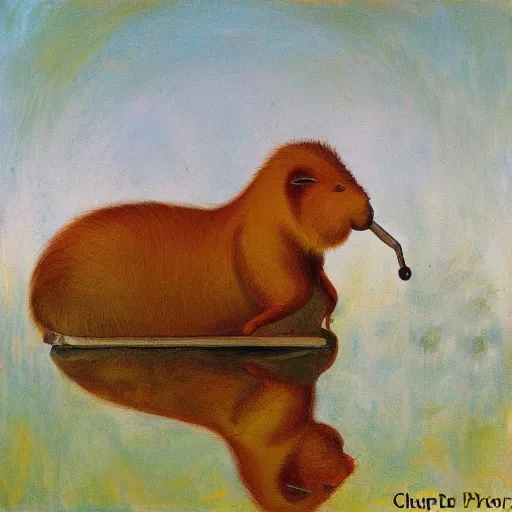 Image similar to painting of a capybara riding a razor scooter in the style of Claude Monet