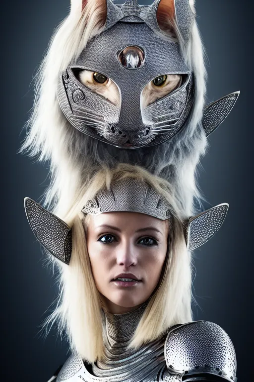 Image similar to female knight wearing a real cat on her head, armor designed by wayne barlowe, swarovski and tiffany, blonde hair, symmetry, sci - fi, cinematic, elegant, luxury, perfect light, perfect composition, dlsr photography, sharp focus, dark fantasy, 4 k, ultra hd, sense of awe, highly detailed, realistic, intricate