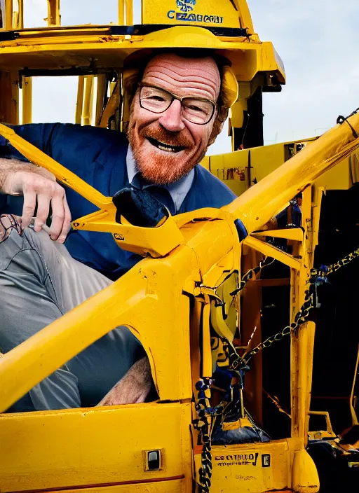 Image similar to closeup portrait of cheerful bryan cranston operating a crane, sitting in a crane, yellow hardhat, sitting in a crane, natural light, bloom, detailed face, magazine, press, photo, steve mccurry, david lazar, canon, nikon, focus