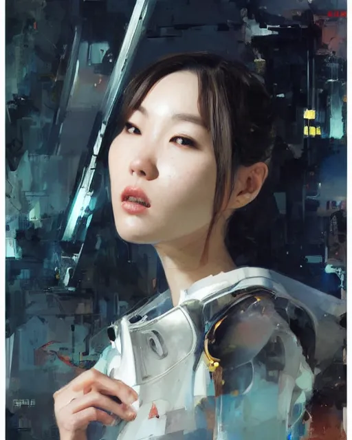 Prompt: Lee Jin-Eun by John Berkey and Peter Mohrbacher, rule of thirds, seductive look, beautiful, in intergalactic hq, Refined, masterpiece, face anatomy