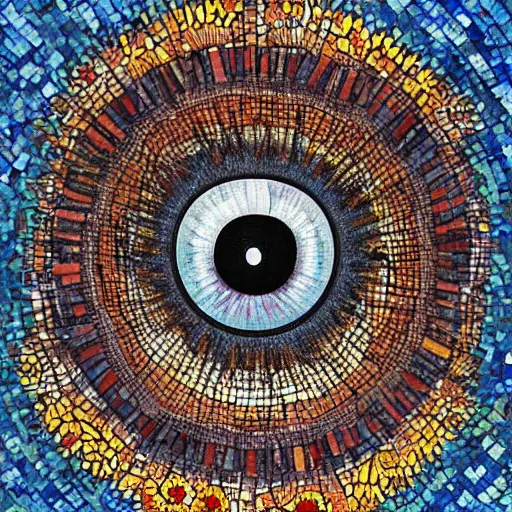 Prompt: A beautiful painting a large eye that is looking directly at the viewer. The eye is composed of a myriad of colors and patterns, and it is surrounded by smaller eyes. The smaller eyes appear to be in a state of hypnosis, and they are looking in different directions. DayGlo blue, roman mosaic by John Bauer, by Bastien Lecouffe-Deharme artificial