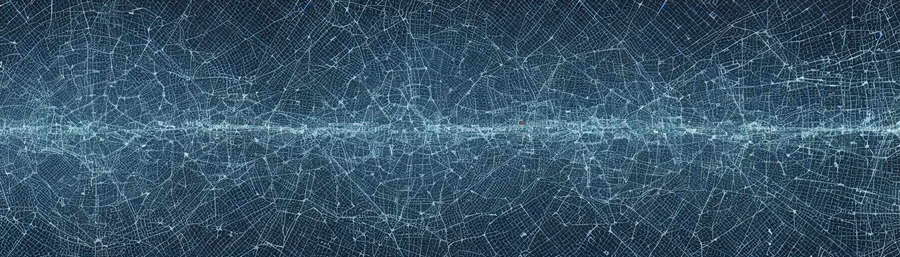 Image similar to a detailed data scape in the shape of a city skyline, clusters and constellations of data fragmented in the pattern of an audio waveform