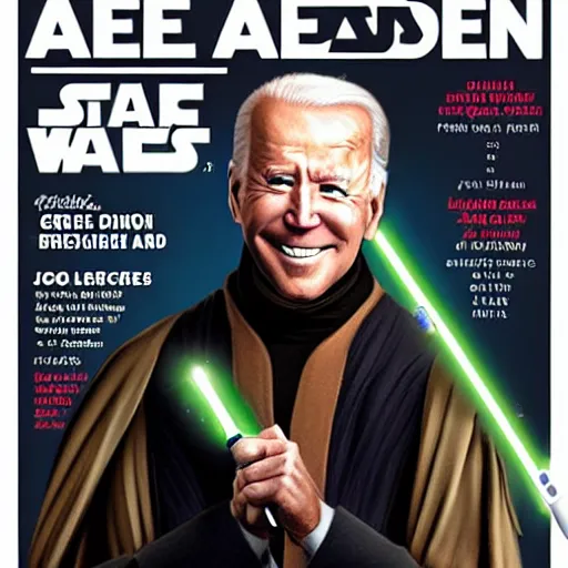 Prompt: joe biden as a jedi with green lightsaber cover of magazine. High quality.