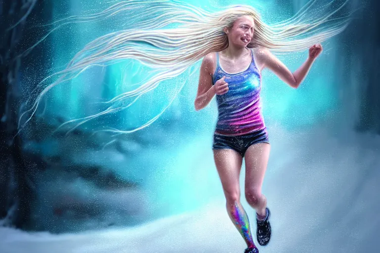 Image similar to highly detailed portrait of a beautiful girl running in snow with wet blonde hair and pale face, swirling wispy tendrils, bright scattered rainbow-colored particles, fantasy, intricate, elegant, dramatic lighting, emotionally evoking symbolic metaphor, highly detailed, lifelike, photorealistic, digital painting, artstation, concept art, smooth, sharp focus, illustration, art by John Collier and Albert Aublet and Krenz Cushart and Artem Demura and Alphonse Mucha