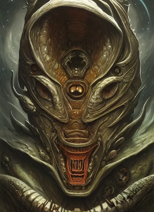 Image similar to spaceship mf doom reptile eyes, cosmic horror, intricate, elegant, highly detailed, centered, digital painting, artstation, concept art, smooth, sharp focus, illustration, artgerm, tomasz alen kopera, peter mohrbacher, donato giancola, joseph christian leyendecker, wlop, frank frazetta