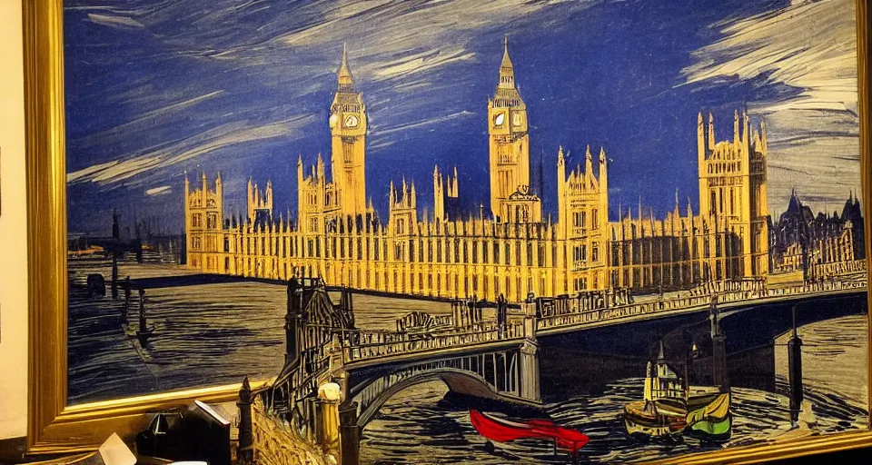 Image similar to london houses of parliament, highly detailed, dramatic lighting, intense shadows, rich deep colours, by roy lichtenstein