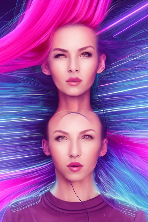 Image similar to a award winning half body portrait of a beautiful woman in a croptop and cargo pants with ombre purple pink teal hairstyle with head in motion and hair flying, surrounded by whirling illuminated lines, outrun, vaporware, shaded flat illustration, digital art, trending on artstation, highly detailed, fine detail, intricate