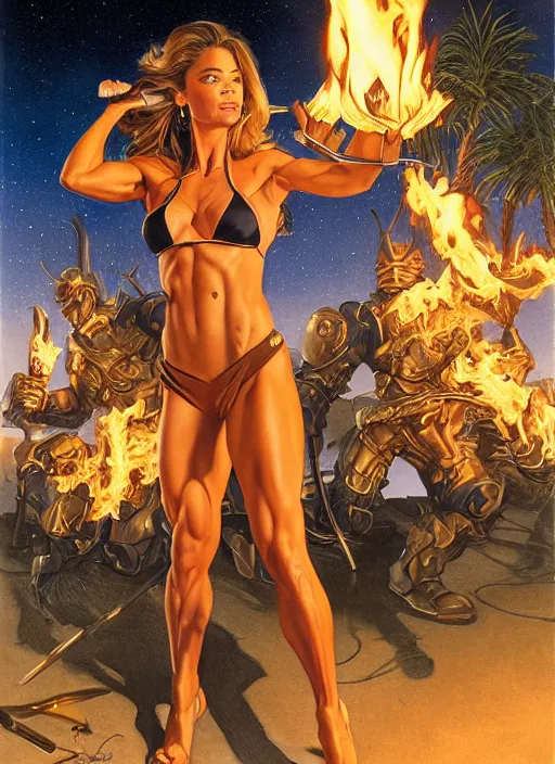 Image similar to portrait of a very muscled Denise Richards as a heroine glaring into the camera, torches and fireflies and night, very crispy, art by Donato Giancola, Joseph Christian Leyendecker, WLOP, Boris Vallejo, Artgerm