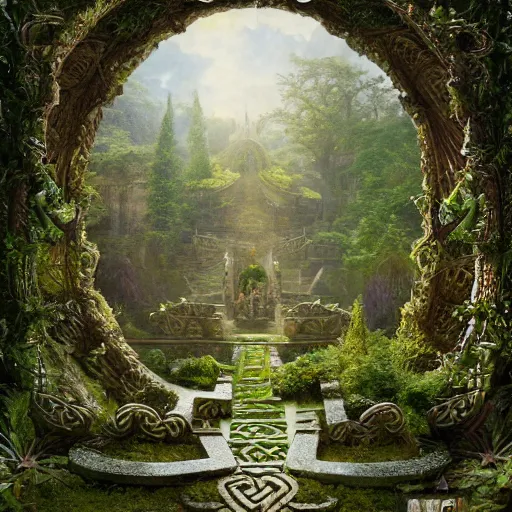 Prompt: a beautiful and highly detailed matte painting of an elven temple in a magical fantasy garden in a lush forest in the mystical mountains, celtic knots, intricate details, epic scale, insanely complex, 8 k, sharp focus, hyperrealism, very realistic, by caspar friedrich, albert bierstadt, james gurney, brian froud,