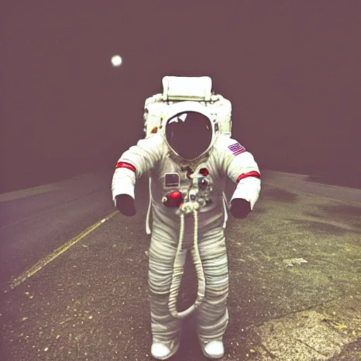 Image similar to lomo photo of astronaut in abandoned London, gloomy, foggy, dark