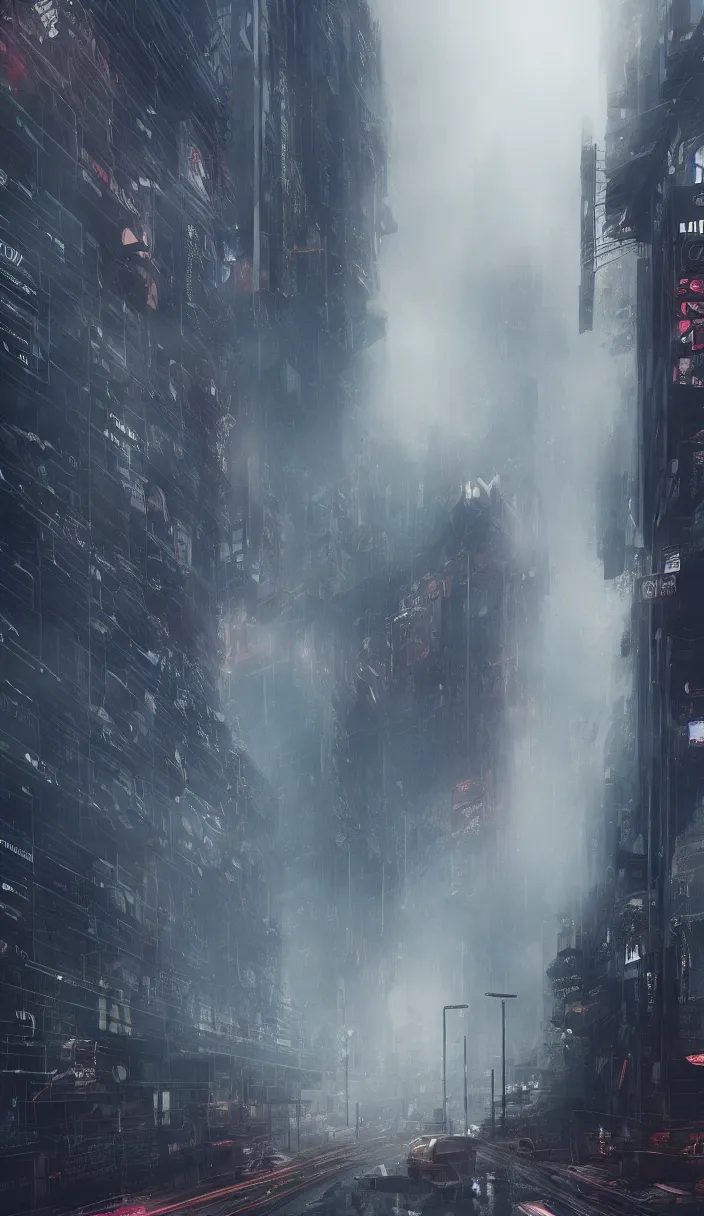 Image similar to a foggy day in milano in 2 0 7 9, cyberpunk future, distopic, cinestill, photography, realistic, hyper detailed, unreal engine, cinematic, octane render