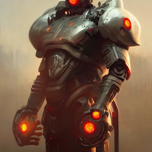 Image similar to cyborg warrior, red eyes, intricate, detailed, volumetric lighting, scenery, digital painting, highly detailed, artstation, sharp focus, illustration, concept art, ruan jia, greg rutkowski