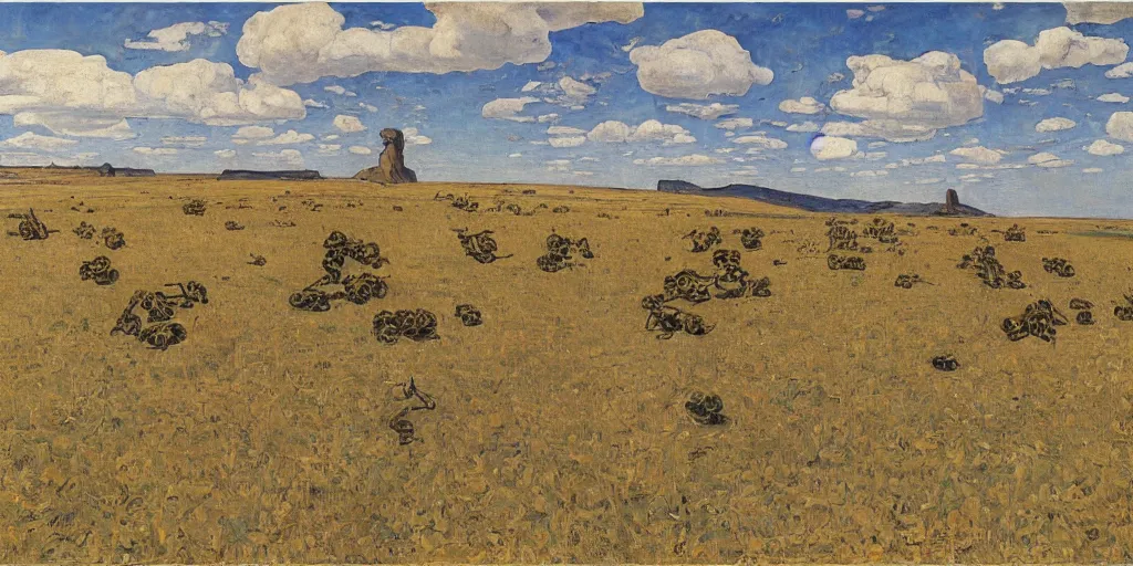 Image similar to oil painting huge wasp and wasp nest in the steppe by ferdinand hodler