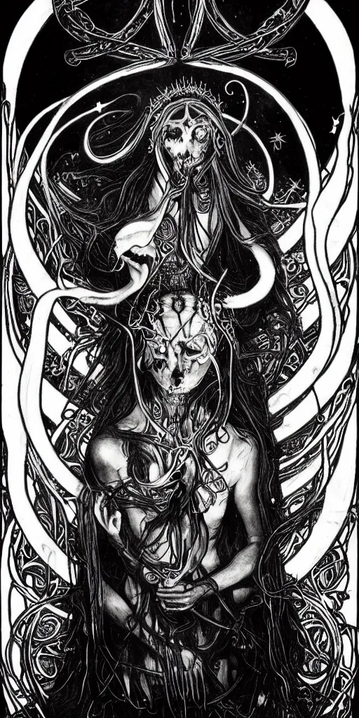 Prompt: intense glowing pagan black metal god with horns and tentacles and intense glowing eyes and a bloody skull in very dark cosmic space by h r giger and alphonse mucha and karol bak, portrait, fantasy, clear, light beams, lens flare, intense, uhd, amazing depth, cinematic lighting, red and black and white