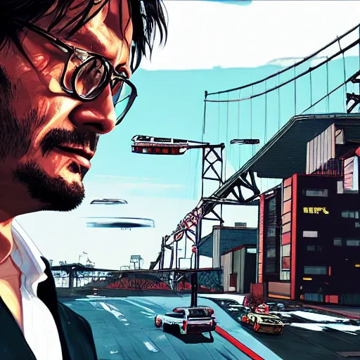 Image similar to Hideo Kojima in GTA 5, cover art by Stephen Bliss, boxart, loading screen