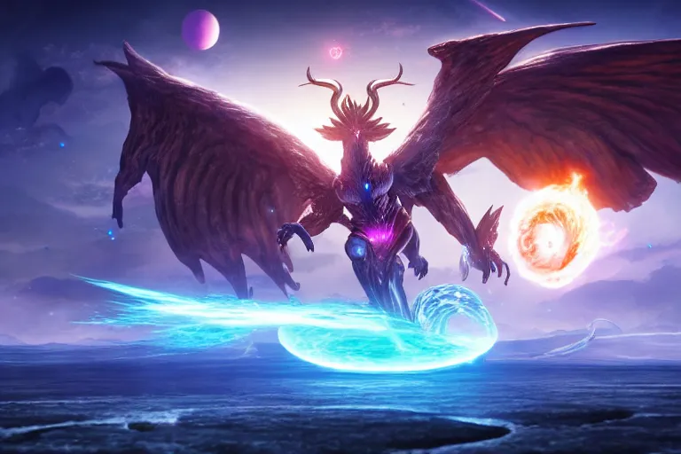 Image similar to summoner of mythical creatures fighting against the outer god. floating planets on the background, box office hit, fantasy, cosmic horror, unreal engine 5, high quality, highly detailed 8 k, art by hiroaki samura and jiro matsumoto and yao wang