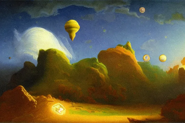 Prompt: jupiter landscape in the style of dr. seuss, starships, painting by albert bierstadt