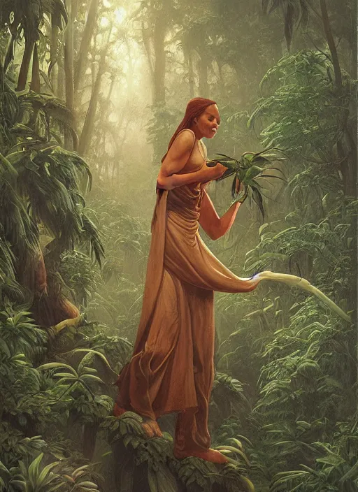 Image similar to a female herbalist in the jungle, art by christophe vacher