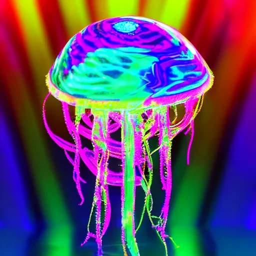 Prompt: Prismatic Jelly fish with neon colors, 4k, octane render, hyper realism, Volumetric Lighting, intricate artwork