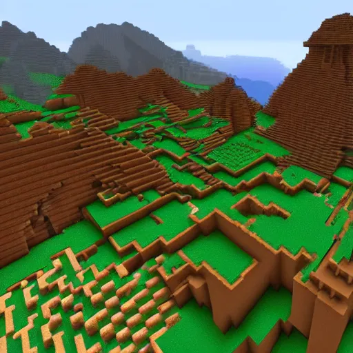 Prompt: a Minecraft world with mountains in the background