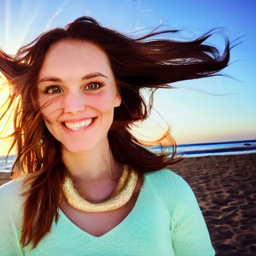 Image similar to Cute young woman, long shiny bronze brown hair, green eyes, cute freckles, soft smile, golden hour, beach setting medium shot, mid-shot