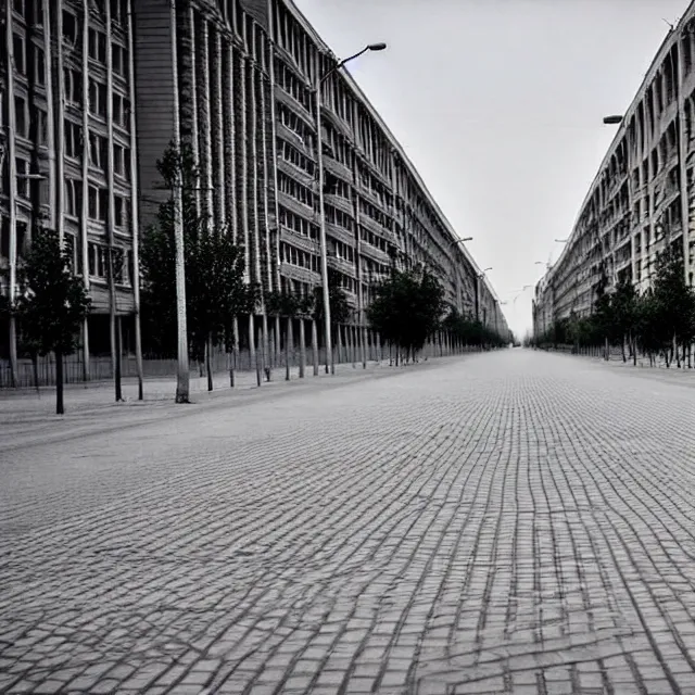 Prompt: empty street soviet city with identical soviet buildings. perfect grass lawn instead of road and instead of asphalt. no trees. cinematic
