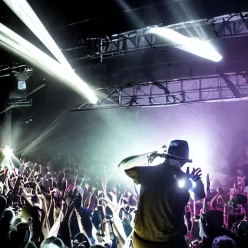 Image similar to limp bizkit plays a sold out show in an underground art deco train hall, laser lights, pyrotechnics, fog machine