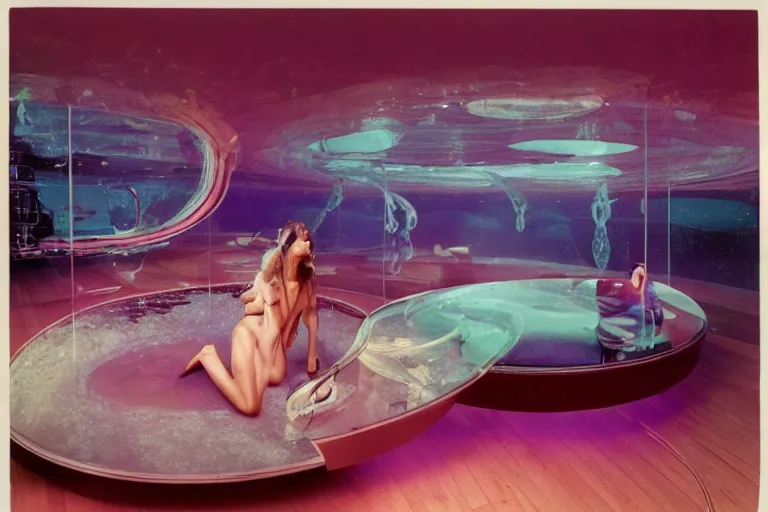 Prompt: high-angle view of a Inuit lush female jellyfish human hybrids wearing vacuum tube amp discowear with transparent digital number readout floating in front of face, sitting inside of an partially submerged 1970s luxury bungalow cabin with sunken floor and infinity mirror table, submersible vessel seamlessly rising through floor, operating soviet computer console on wall, ektachrome color photograph, volumetric lighting, off-camera flash, 24mm f8 aperture