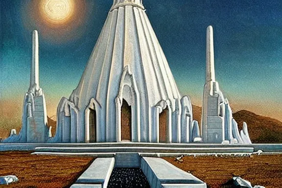 Image similar to the temple of truth is white, whole, holy and beautiful, but is surrounded by a crater of ruin and desolation. it's spire reaches up to the heavens and is topped with a gold statue. | painting by rob gonsalves. stark contrast. landscape painting. trending on artststion. matte painting. awe inspiring