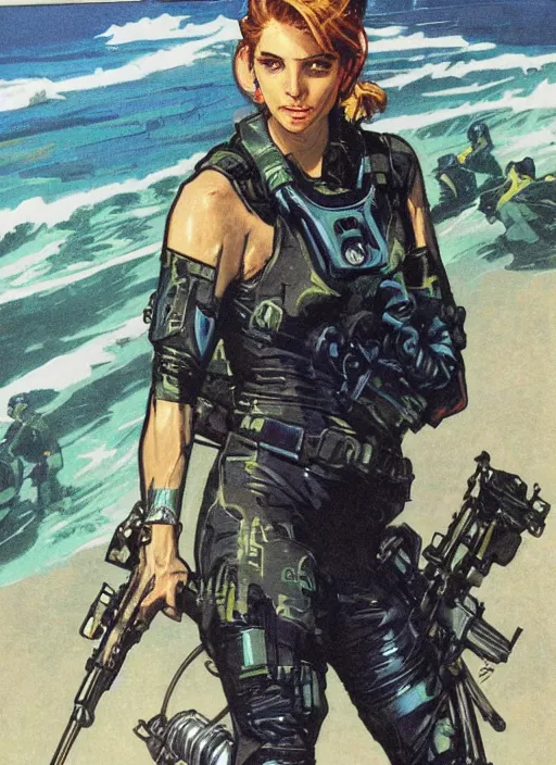 Image similar to Dinah. USN blackops operator emerging from water at the shoreline. Operator wearing Futuristic wetsuit and looking at an abandoned shipyard. Frogtrooper. rb6s, MGS, and splinter cell Concept art by James Gurney, Alphonso Mucha. Vivid color scheme.