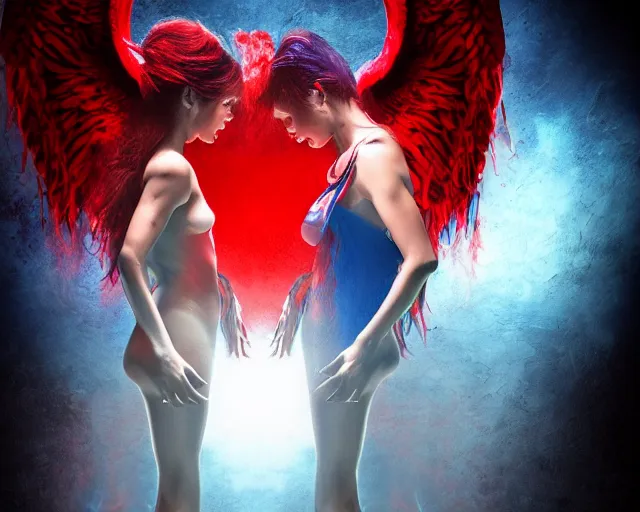 Prompt: red - male - devil and blue - female - angel facing each other in mirrored pose, dramatic lighting, 8 k, high quality, hyper realistic, 3 5 mm photography, epic fantasy masterpiece